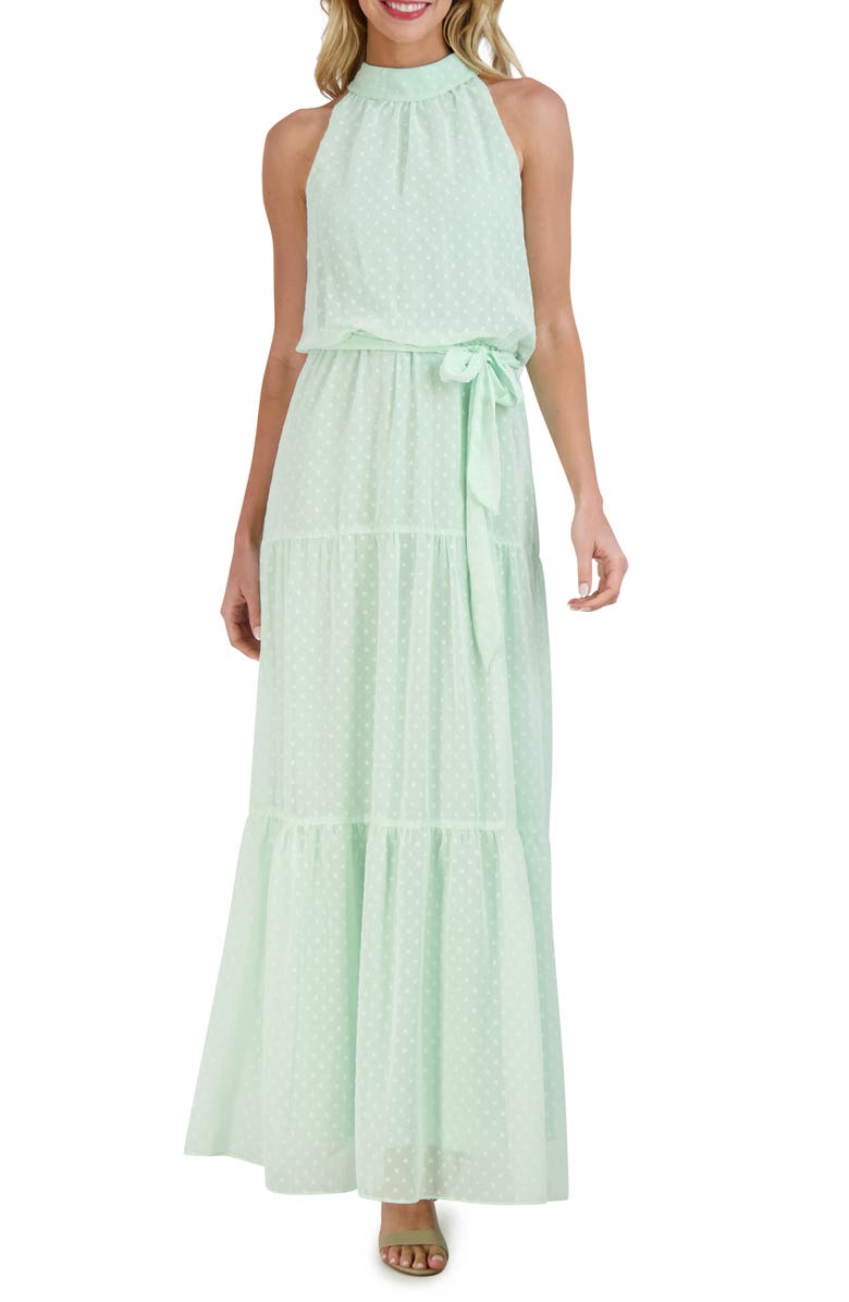Julia Jordan Mock Neck Three Tier Maxi Dress, Main, color, Mint