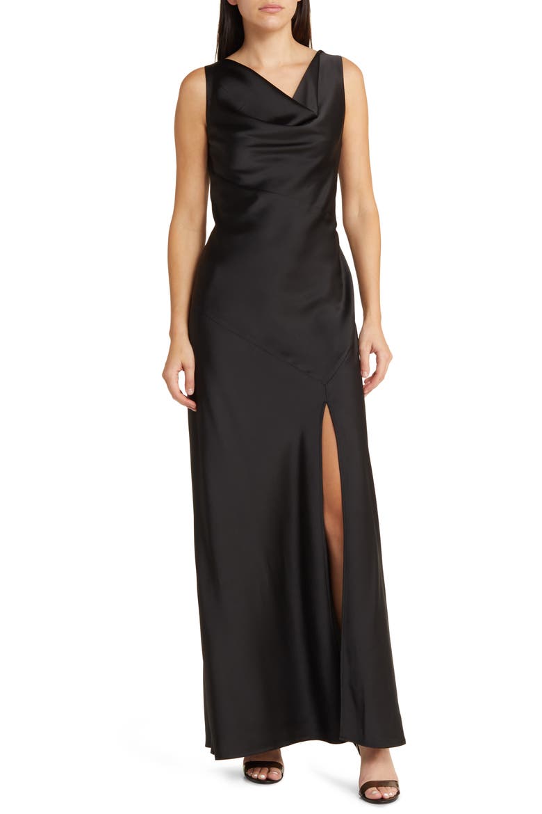 The Lea Cowl Neck Satin Gown, Main, color, BLACK