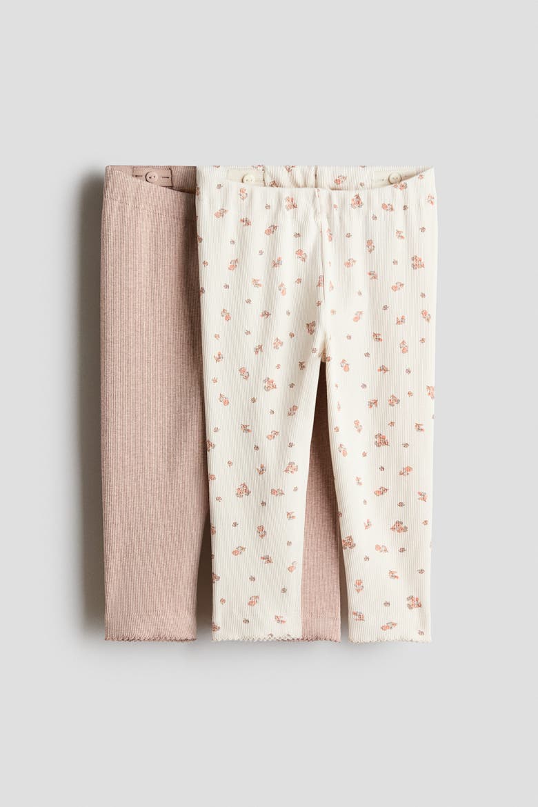 2-pack Ribbed Cotton Leggings, Main, color, Beige/floral