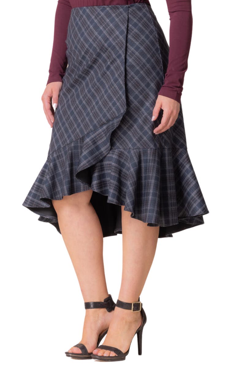 Kiyonna Carina Flounce Faux Wrap Skirt, Alternate, color, Inkwell Plaid