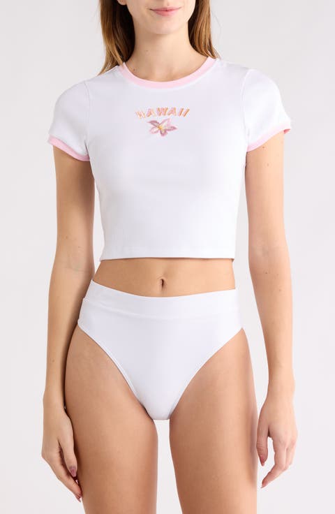 Embroidered Crop Stretch Cotton Rib Cover-Up T-Shirt