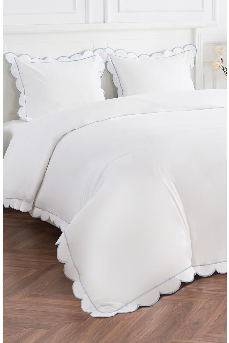 Scallop Embroidered Cotton Duvet Set, Alternate, color, WHITE/ BLUE