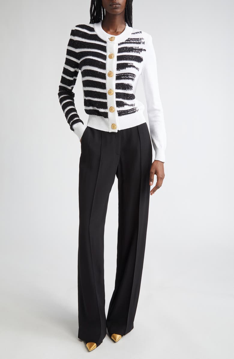 Balmain Makeup Stripe Sequin Cardigan, Alternate, color, White/ Black