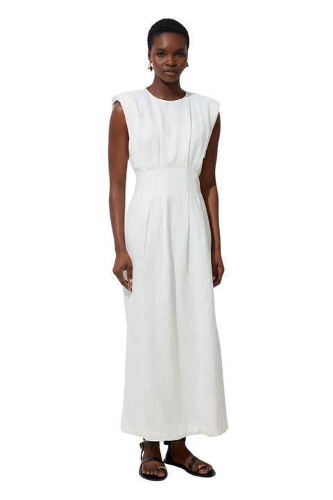 Linen Blend Pintuck Midi Dress