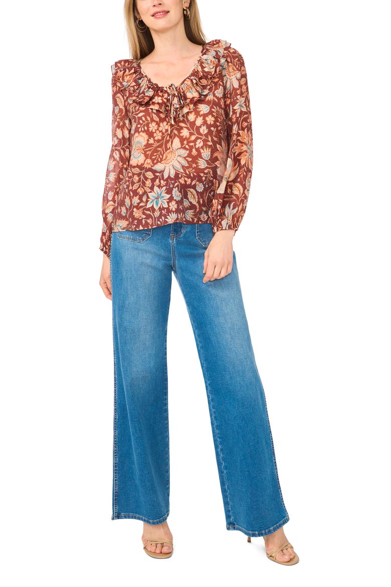 Floral Ruffle V-Neck Top, Alternate, color, RUSSET BROWN-235