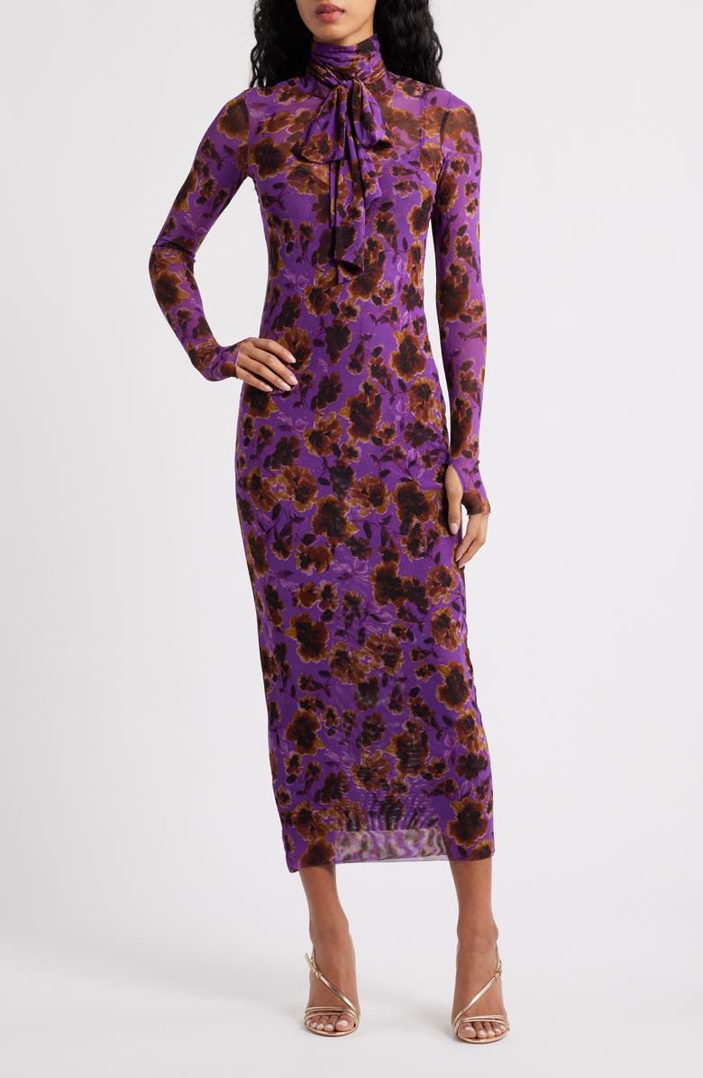 AFRM Bryony Turtleneck Long Sleeve Mesh Maxi Dress, Main, color, Violet Haze Floral