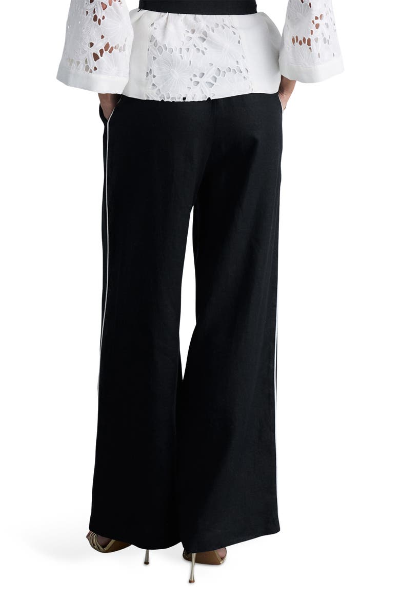 Contrast Piped Wide Leg Linen Pants, Alternate, color, BLACK