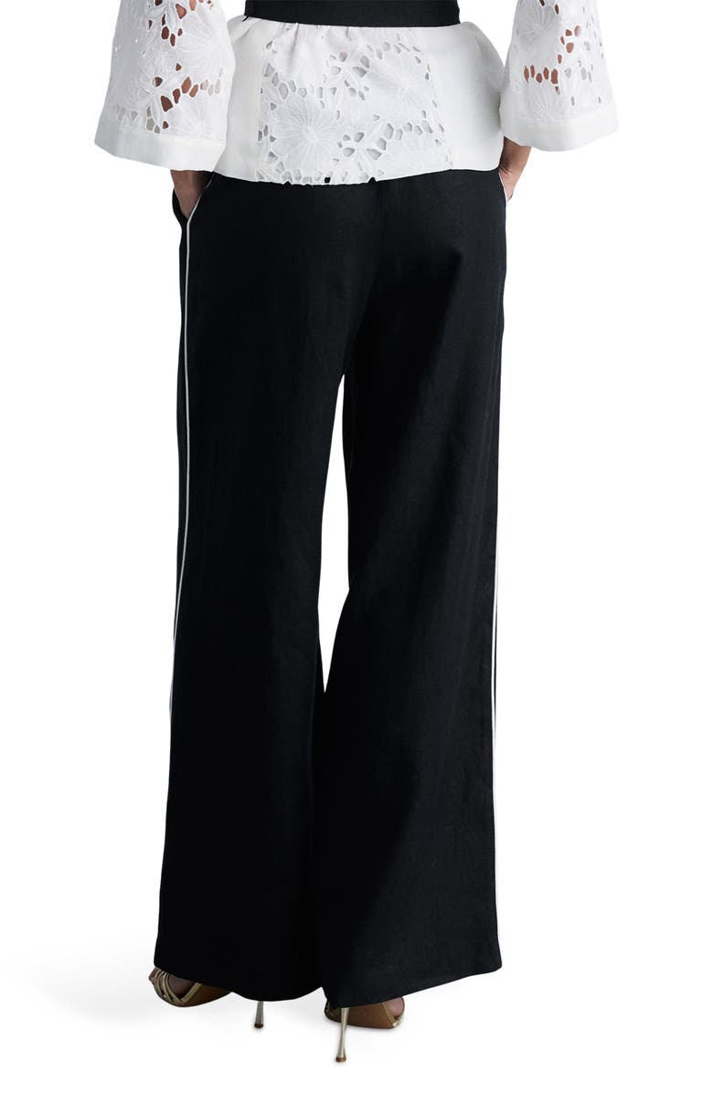 MANGO Contrast Piped Wide Leg Linen Pants, Alternate, color, Black