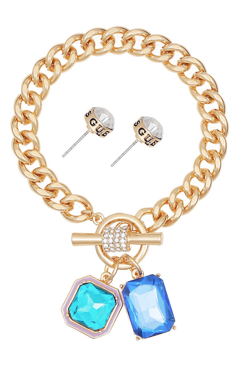 GUESS Toggle Bracelet & Stud Earrings Set, Alternate, color, Gold/Blue
