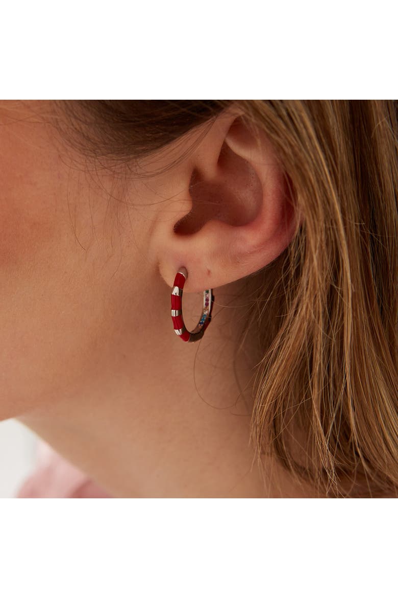 Enamel Red Fine Stripe Sterling Silver Hoop Earrings With Multi Color Zirconia Interior, Alternate, color, Silver