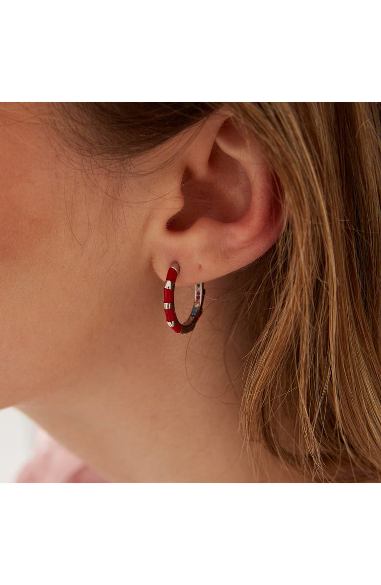 Spero London Enamel Red Fine Stripe Sterling Silver Hoop Earrings With Multi Color Zirconia Interior, Alternate, color, Silver