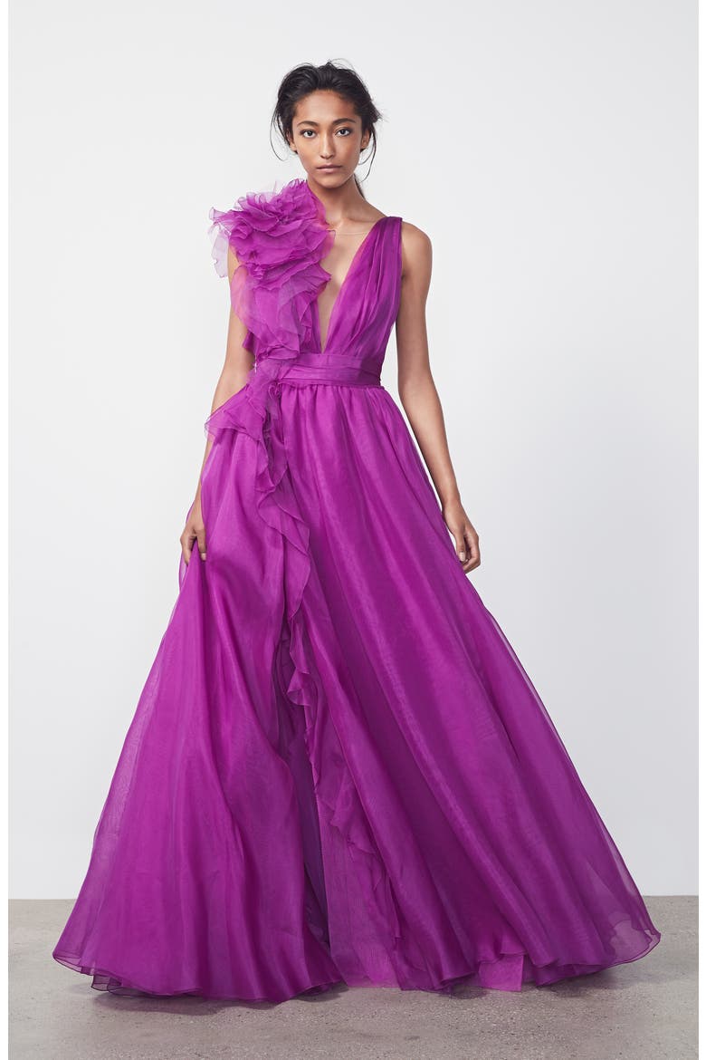 Ruffle Silk Organza Evening Dress, Alternate, color, ORCHID