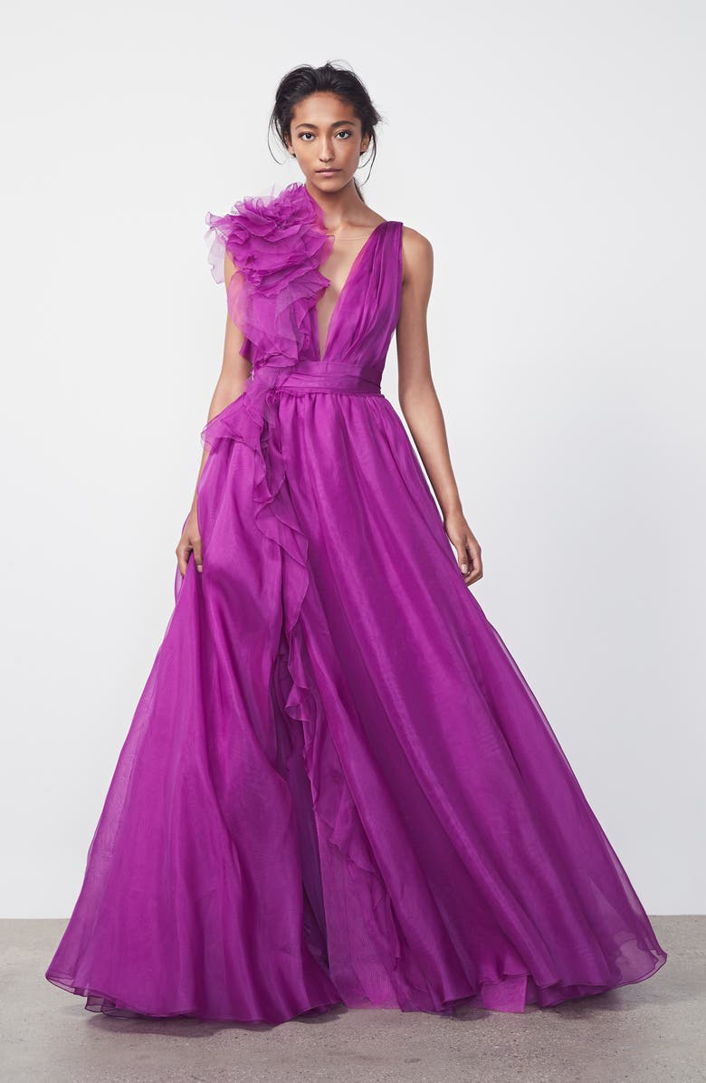 Marchesa Ruffle Silk Organza Evening Dress, Alternate, color, 