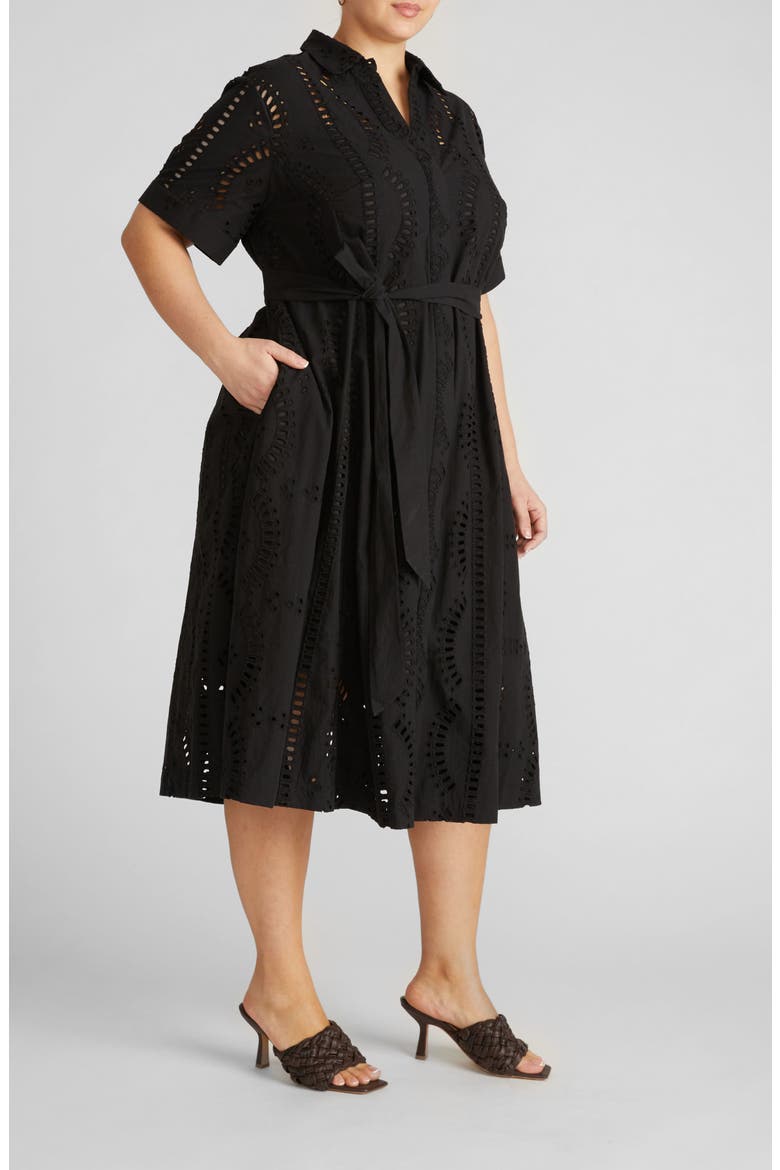 Eyelet Tie Waist Poplin Shirtdress, Alternate, color, BLACK