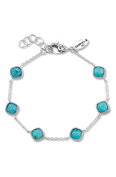 Sterling Silver Cushion Cut Semi-Precious Stone Station Bracelet