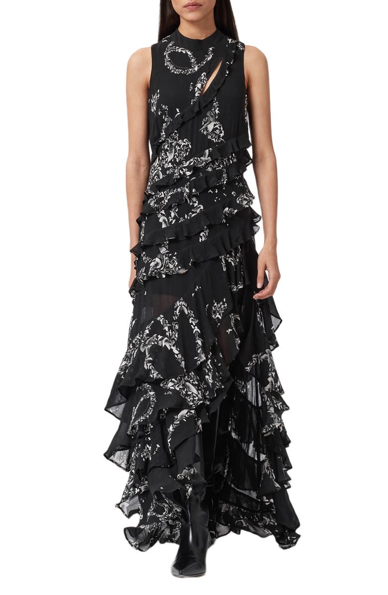 AllSaints Cady Bird Print Tiered Ruffle Dress, Main, color, Flight Black