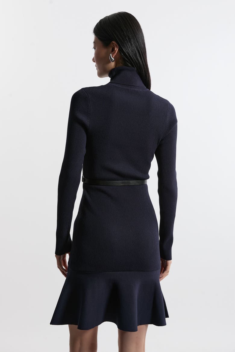 Roll Neck Belted Flippy Hem Mini Dress, Alternate, color, Navy