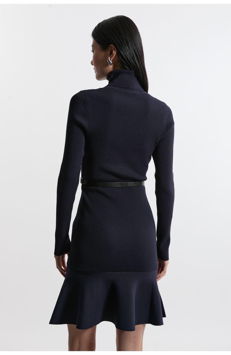 Karen Millen Roll Neck Belted Flippy Hem Mini Dress, Alternate, color, Navy