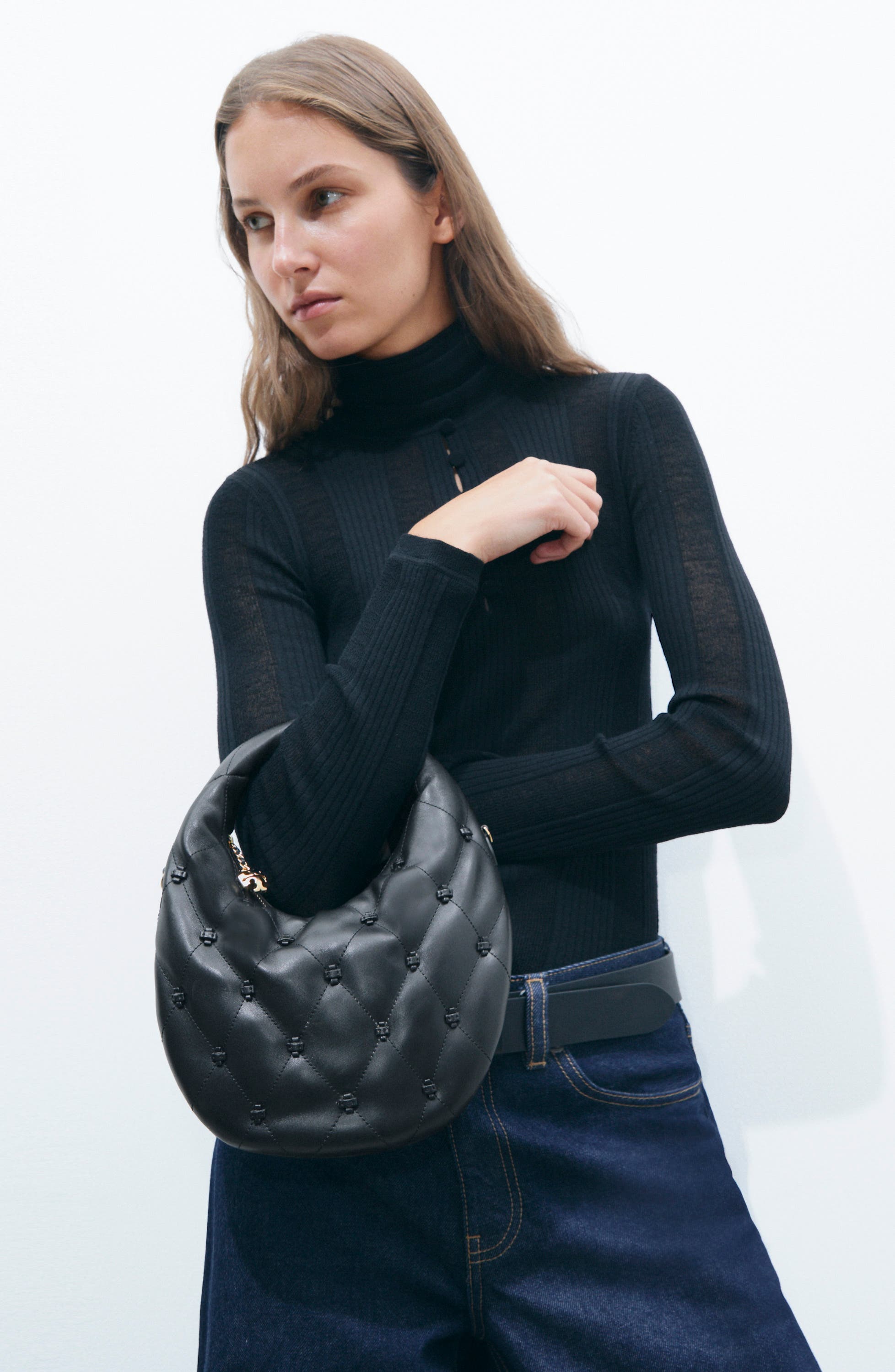 Bunny Knot Leather Crescent Bag, Alternate, color, BLACK