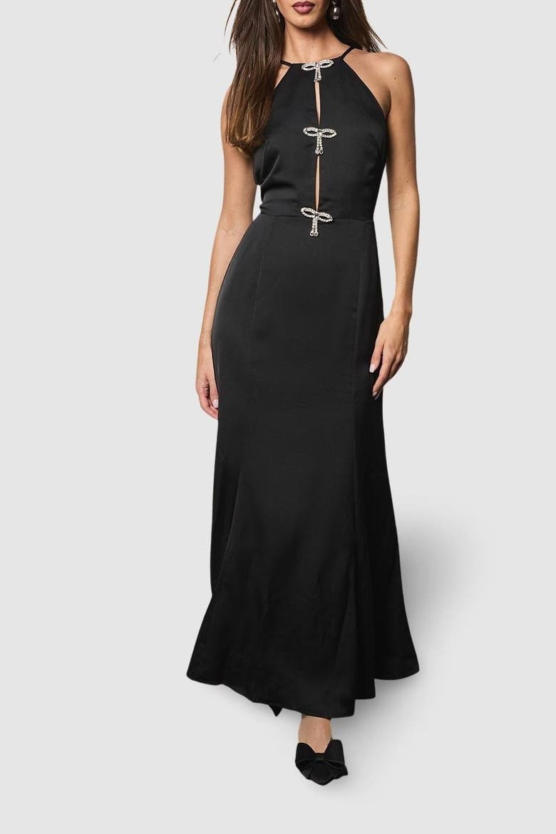 Diamante Bow Halter Maxi Dress, Alternate, color, Black