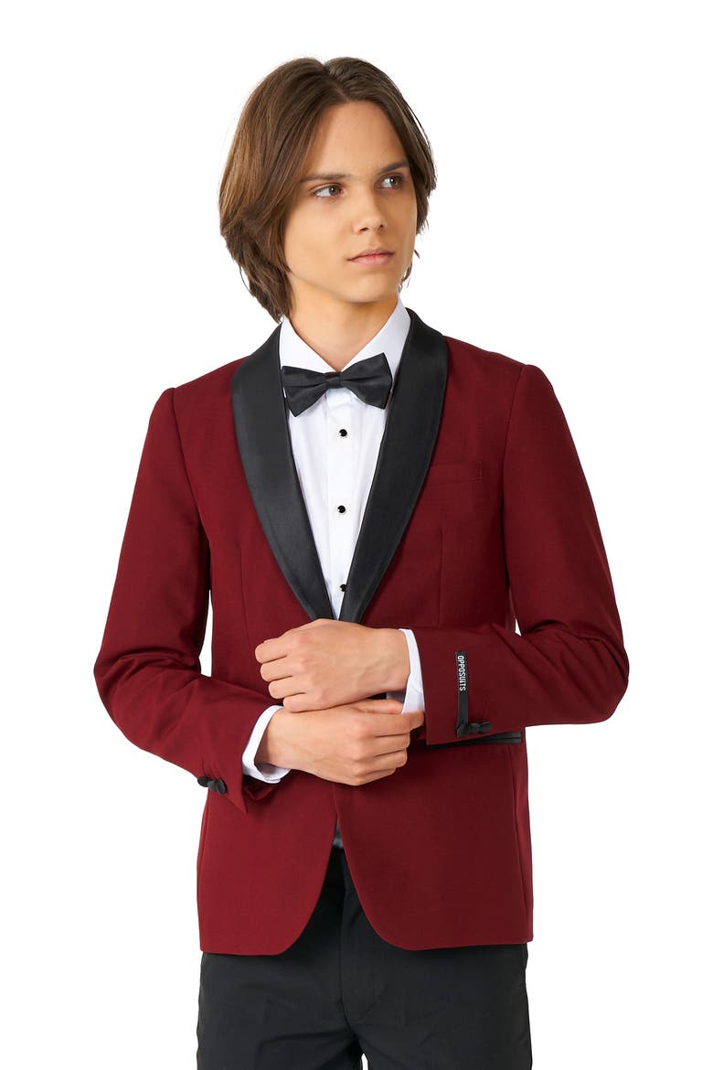 Kids' Hot Burgundy Two-Piece Tuxedo & Bow Tie Set, Alternate, color, RED