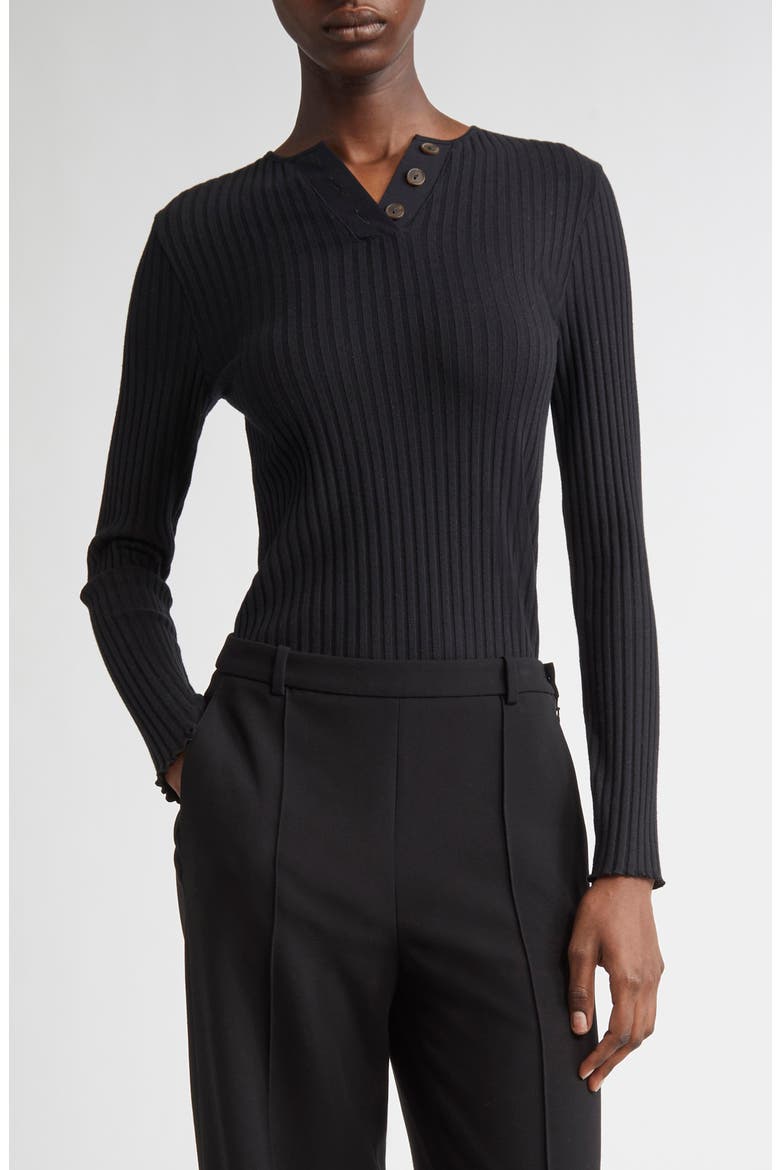 Long Sleeve Rib Henley, Main, color, BLACK