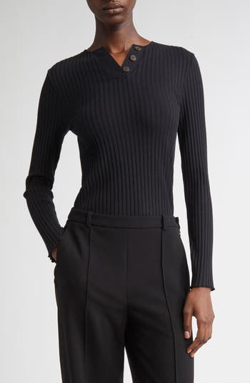 Vince Long Sleeve Rib Henley In Black