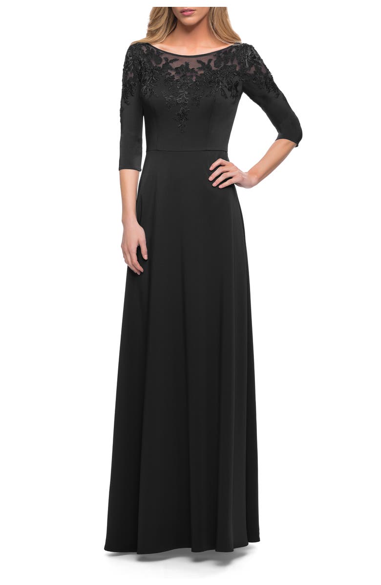 La Femme Jersey Mother of the Bride Gown with Lace Neckline, Main, color, Black