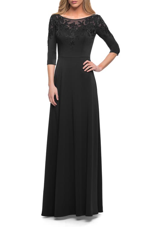 La Femme Jersey Mother Of The Bride Gown With Lace Neckline In Black