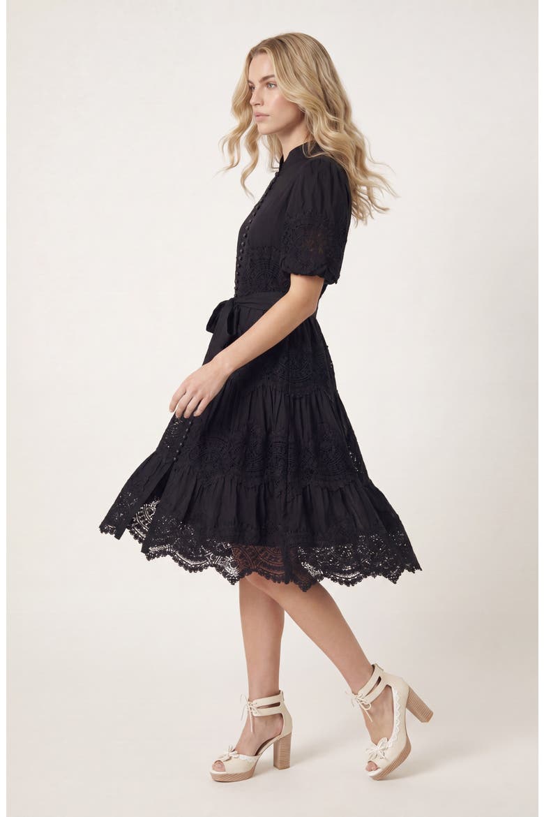 Lace Trim Puff Sleeve Midi Dress with Waist Tie, Alternate, color, Black
