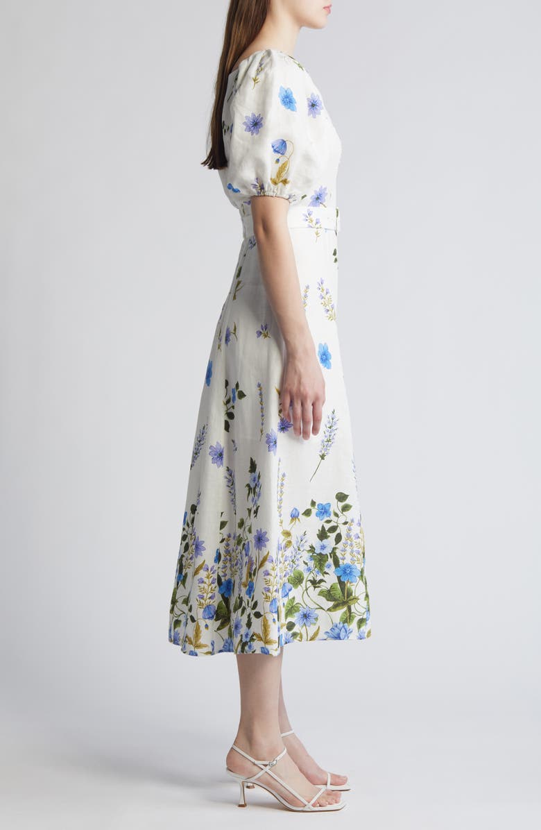& Other Stories Floral Belted Puff Sleeve Linen Midi Dress, Alternate, color, 