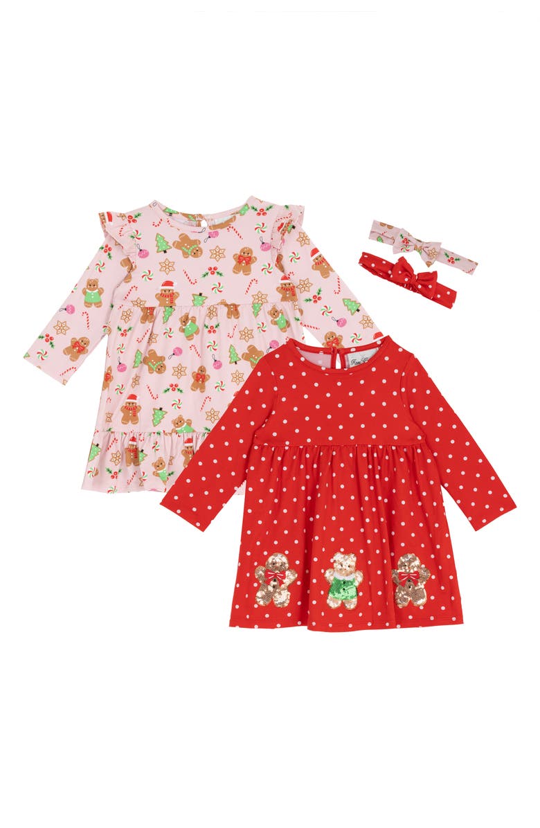 Rare Editions Holiday 4-Piece Assorted Long Sleeve Dresses & Headbands Set, Main, color, Pink