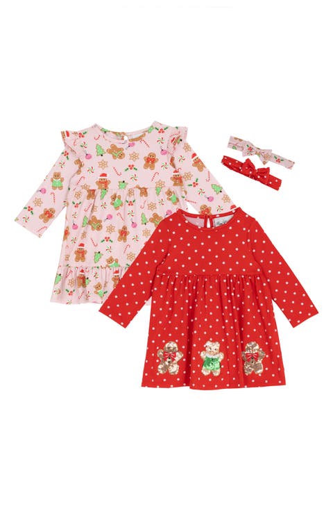 Holiday 4-Piece Assorted Long Sleeve Dresses & Headbands Set (Baby)