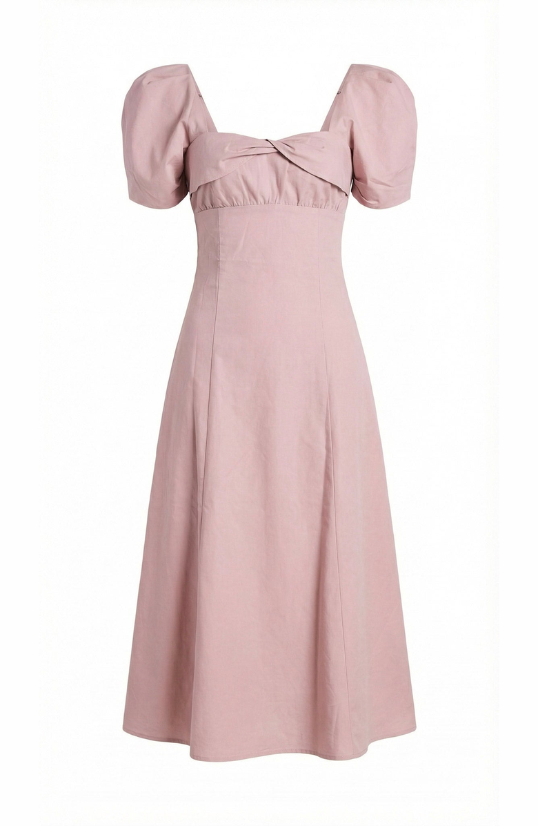 Modenaire Twist Front Puff Sleeve Midi Dress, Alternate, color, Dusty Rose
