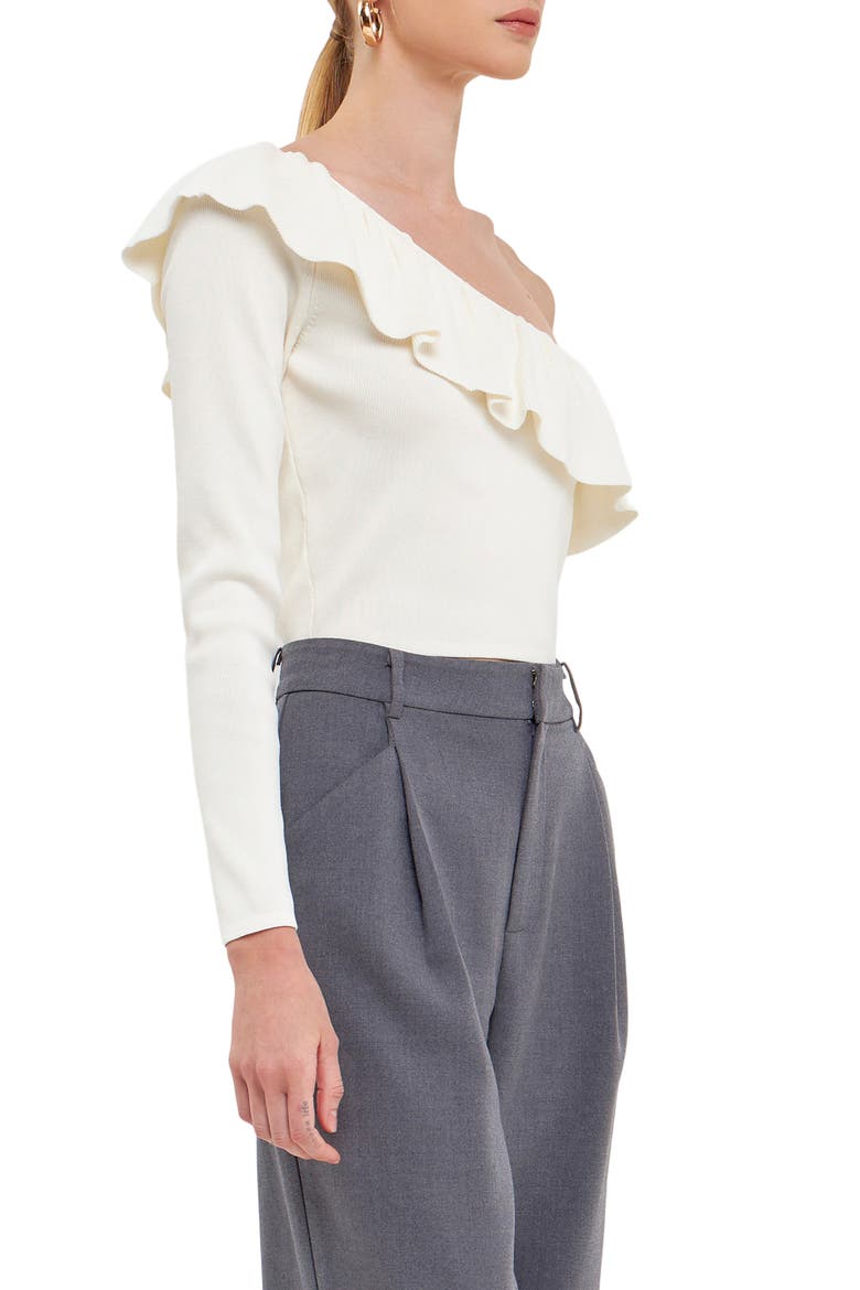 One-Shoulder Ruffle Rib Knit Top, Alternate, color, WHITE