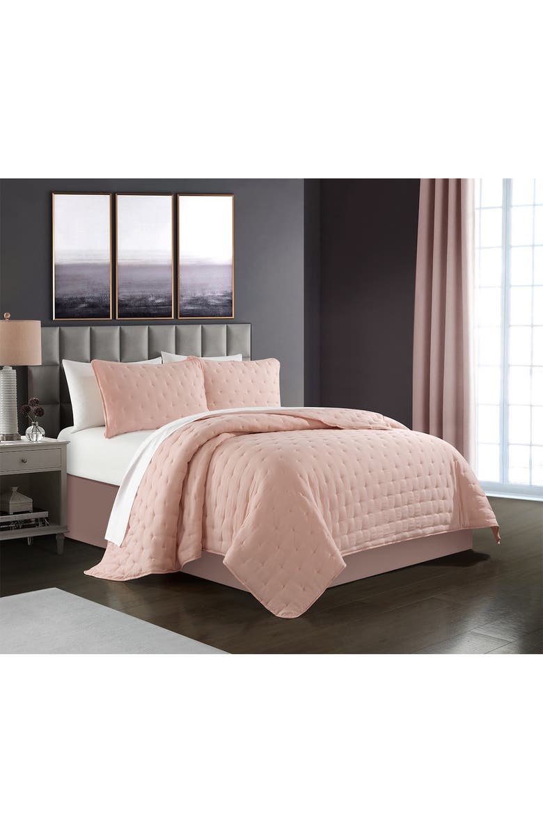 CHIC Chylar Tufted Cross Stitched Design King Quilt Set - Blush - 3-Piece Set, Main, color,