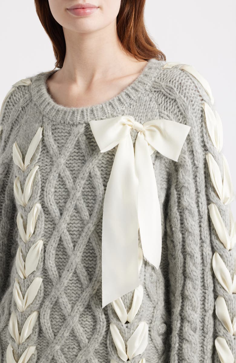 LoveShackFancy Kloss Ribbon Detail Alpaca Blend Cable Sweater, Alternate, color, Grey Melange