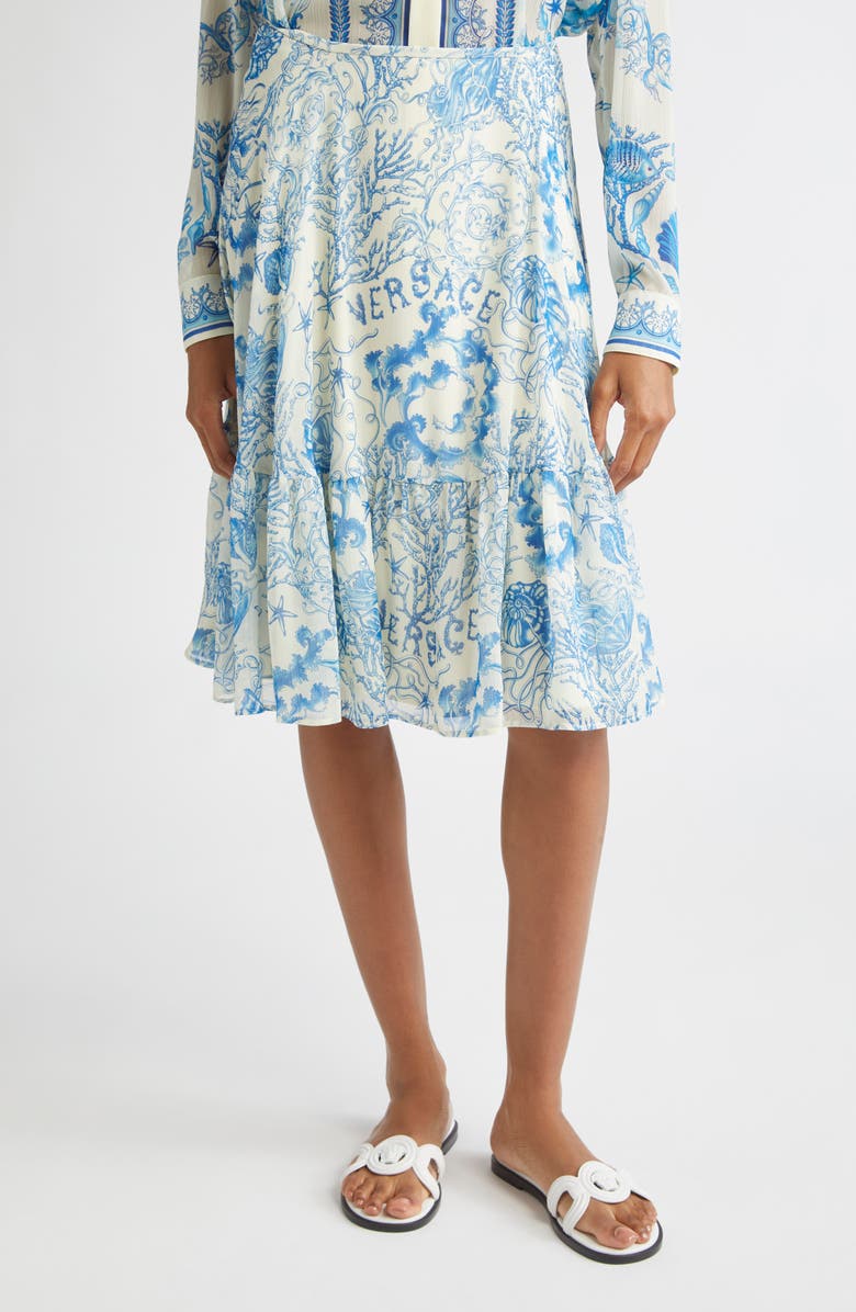 Versace Underwater Barocco Techno Crepon Skirt, Main, color, Eggshell Bright Dv Blue