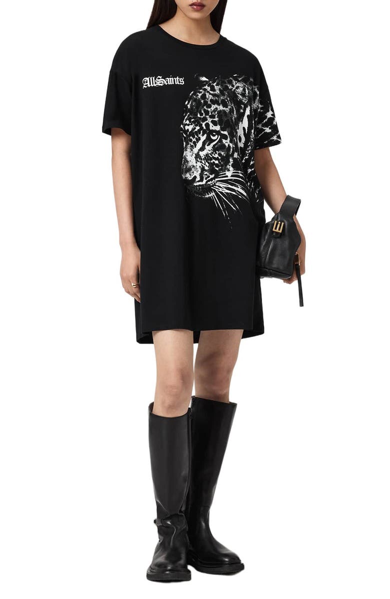 AllSaints Zaya Graphic Print Cotton T-Shirt Dress, Main, color, Black