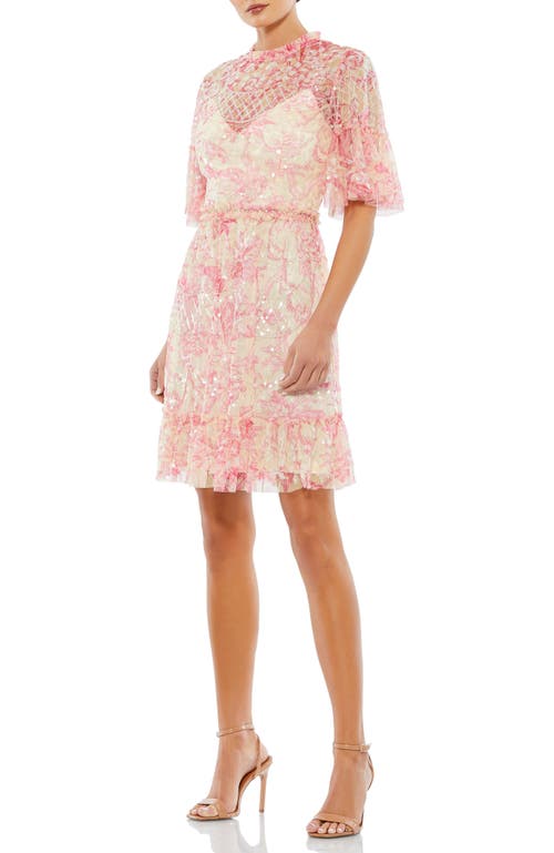 Mac Duggal Flounce Sleeve Floral Embellished Dress In Blush Multi
