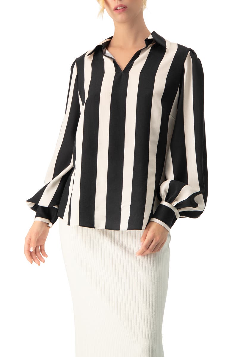 IVONNE Collared Long Sleeve Striped Blouse, Main, color, Black