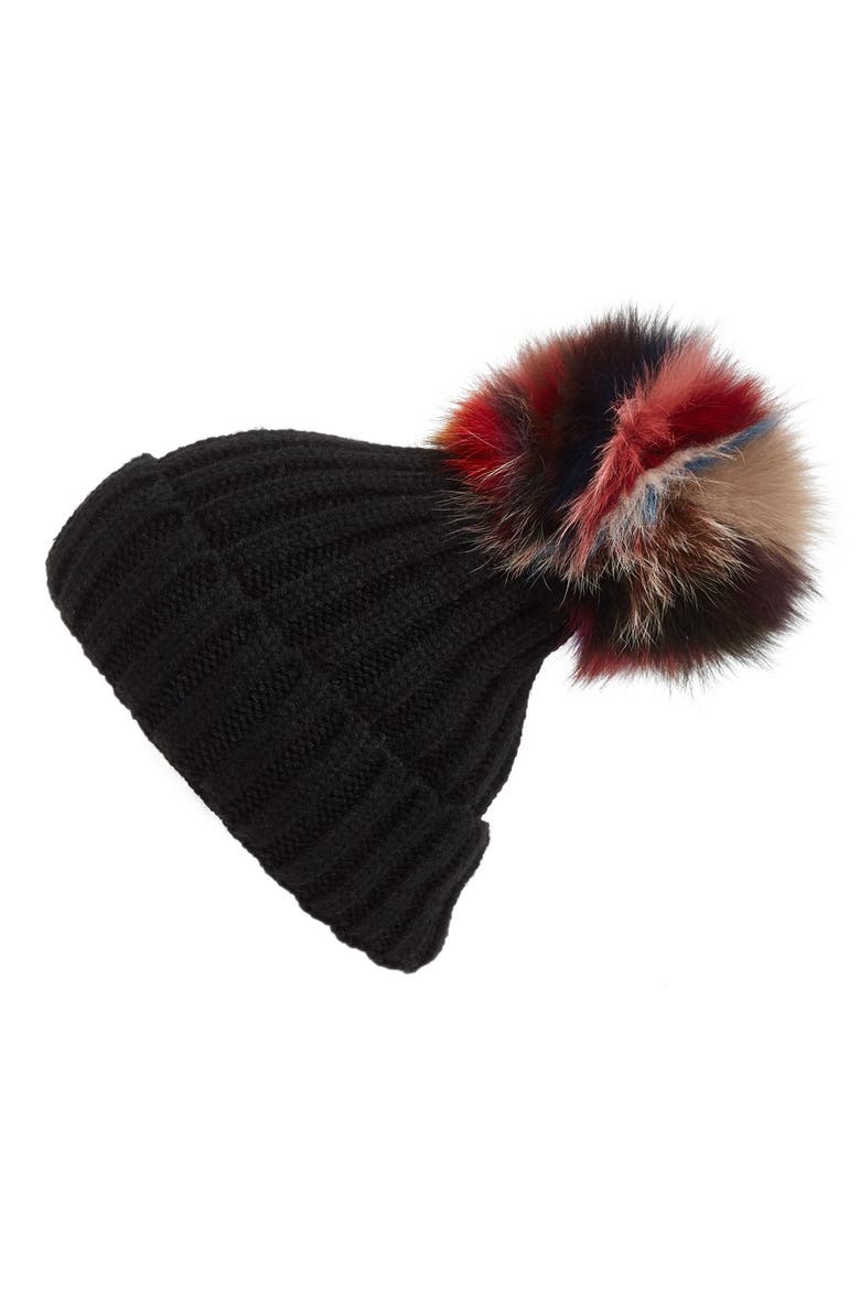 'Super Swirl' Knit Beanie with Genuine Fox Fur Pom, Main, color, BLACK