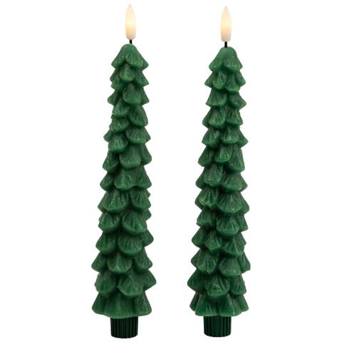 Flickering LED Flameless Wax Tapered Christmas Tree Candles - 9.75" - Green - Set of 2