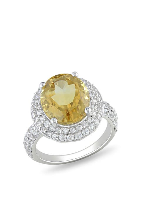 Sterling Silver Oval Citrine & Created White Sapphire Halo Ring