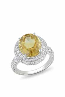 DELMAR Sterling Silver Oval Citrine & Created White Sapphire Halo Ring