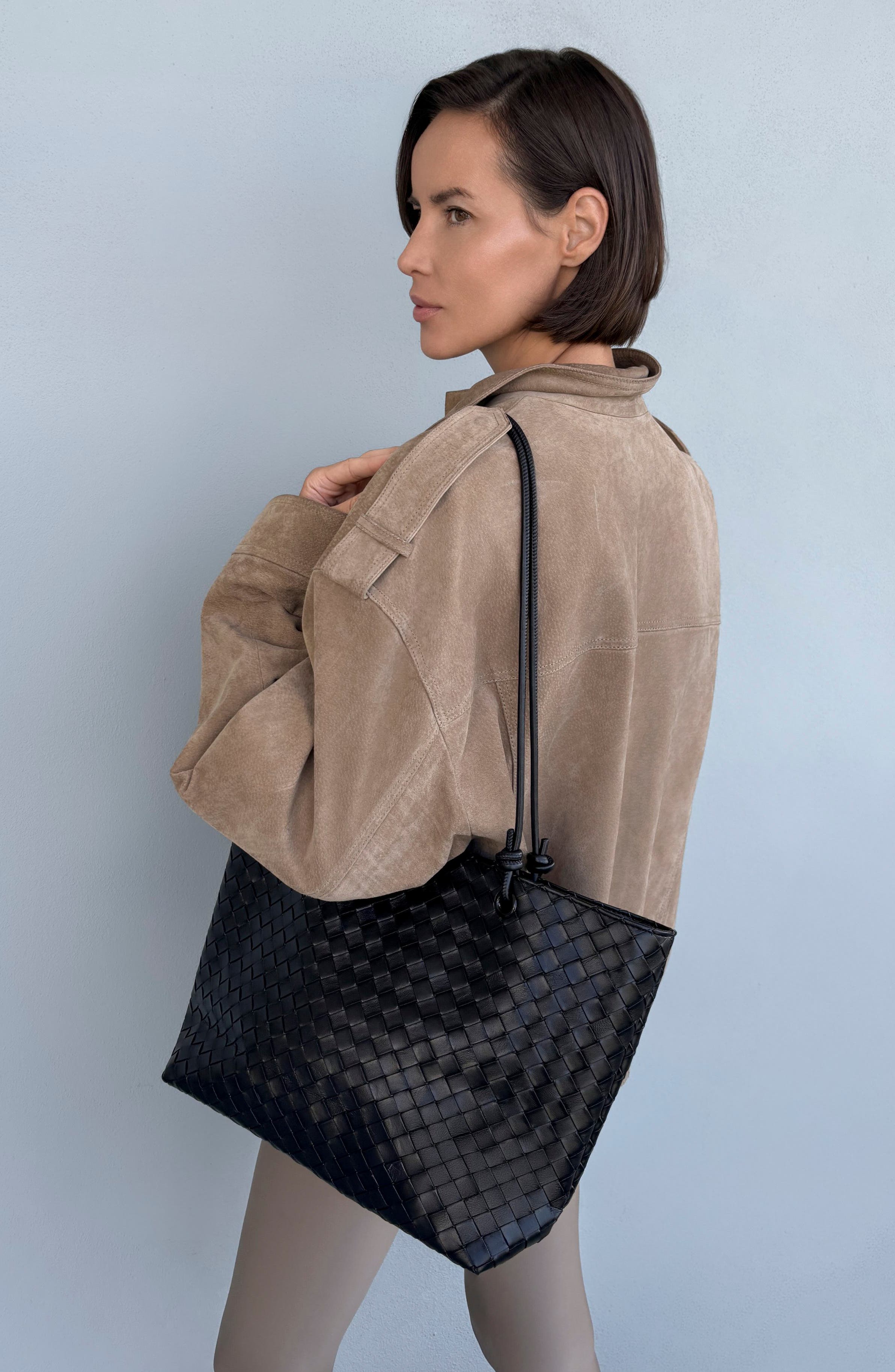 Woven Faux Leather Tote, Alternate, color, BLACK
