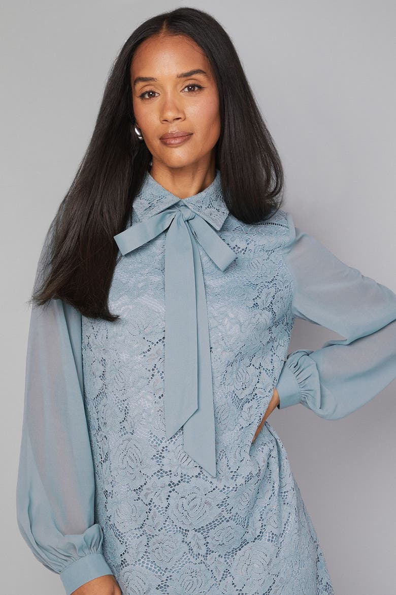 Lace Tie Neck Shift Dress, Alternate, color, Turquoise