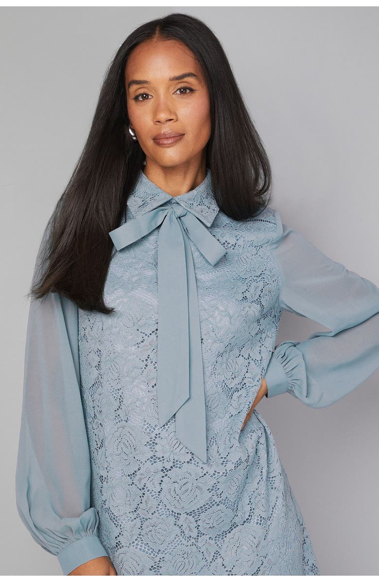 Wallis Lace Tie Neck Shift Dress, Alternate, color, Turquoise