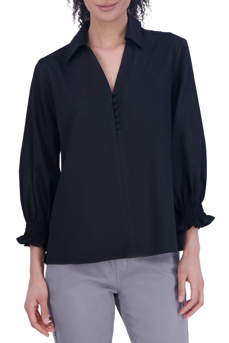 Alexis Smocked Cuff Sateen Popover Top, Main, color, BLACK
