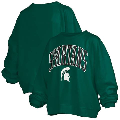 Women's Pressbox Green Michigan State Spartans Janise Arch Over Logo Waist Length Oversized Pullover Sweatshirt